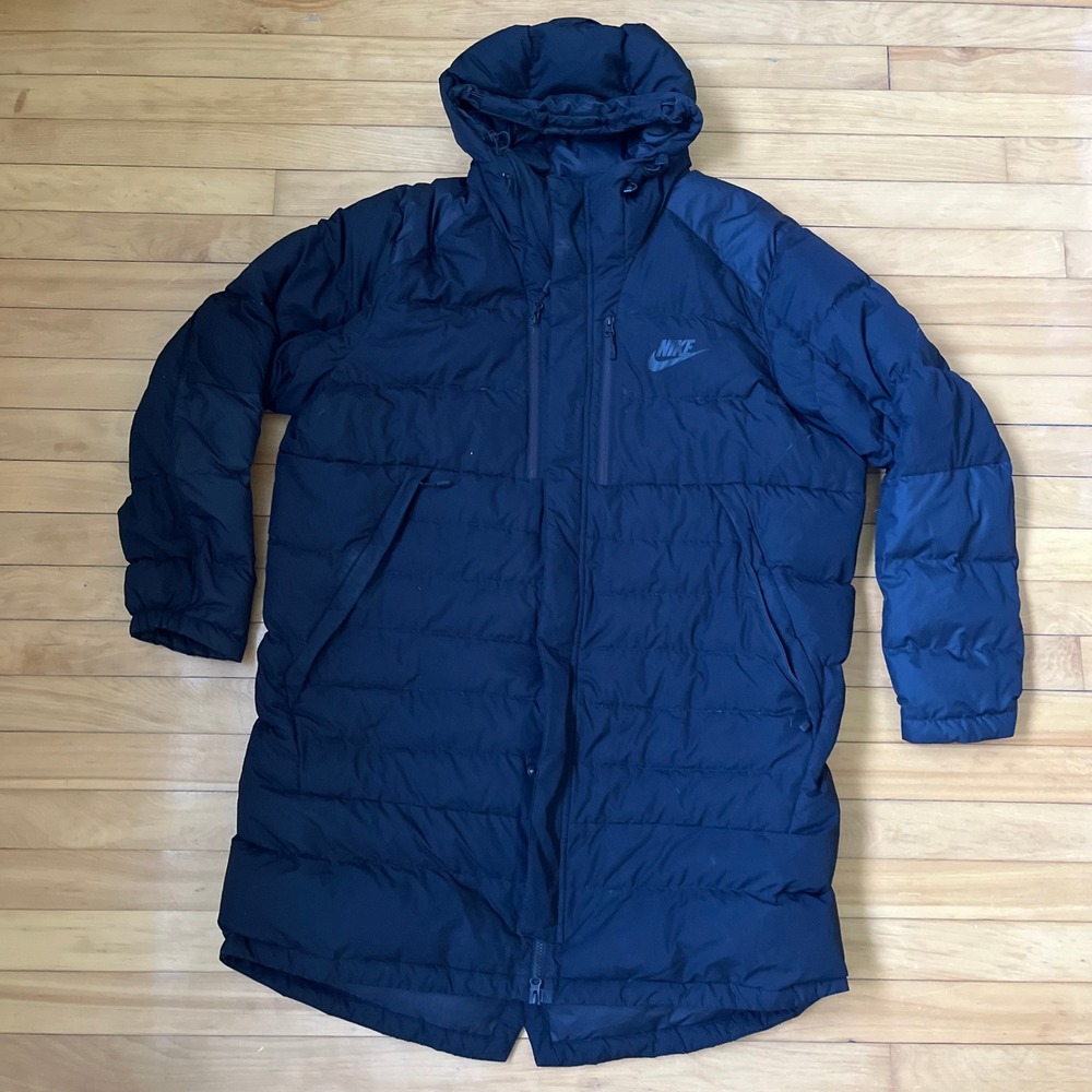 Nike Mens Black Down Fill Hooded Longline Puffer Parka Jacket XXL Heavyweight